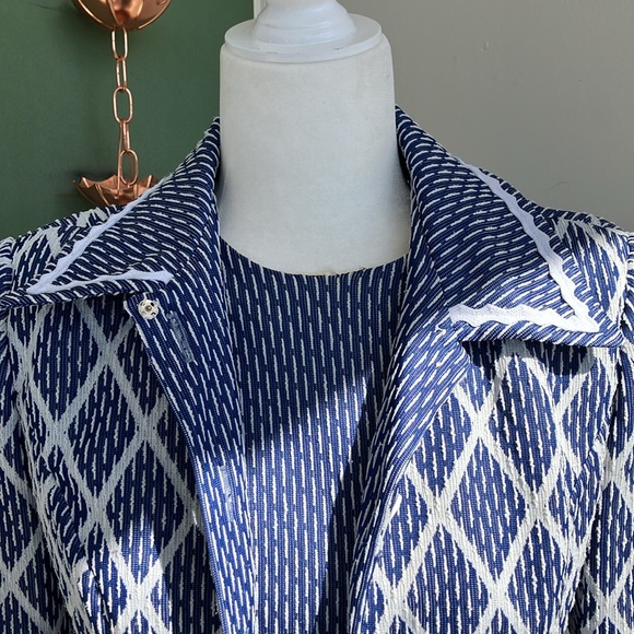Vintage 60s 70s Navy and White Diamond Print Jacket and Dress Set - Picture 4 of 13